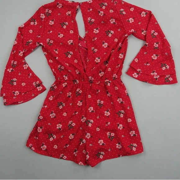 H&M Kimono Romper Womens Red Floral Print V Neck Long Bell Sleeve Open Back - Picture 1 of 8